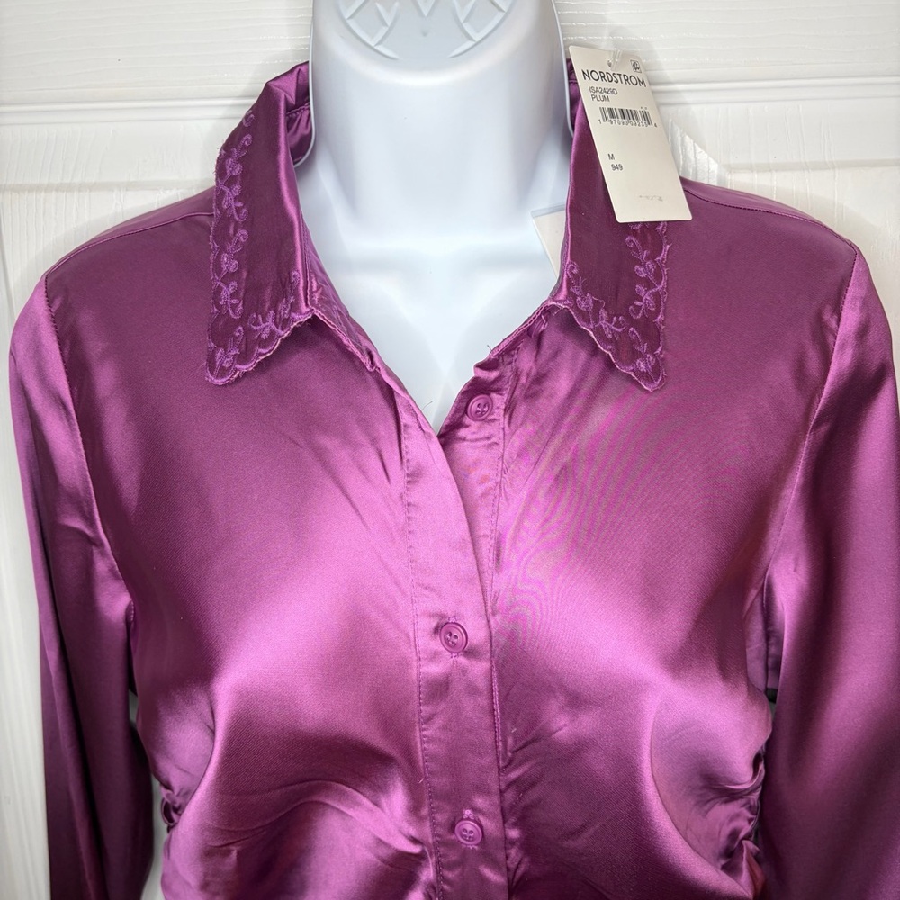 Jacque the Label Sylvie Satin Button Midi Shirt Dress Ruched Purple Plum M NWT - Picture 5 of 9